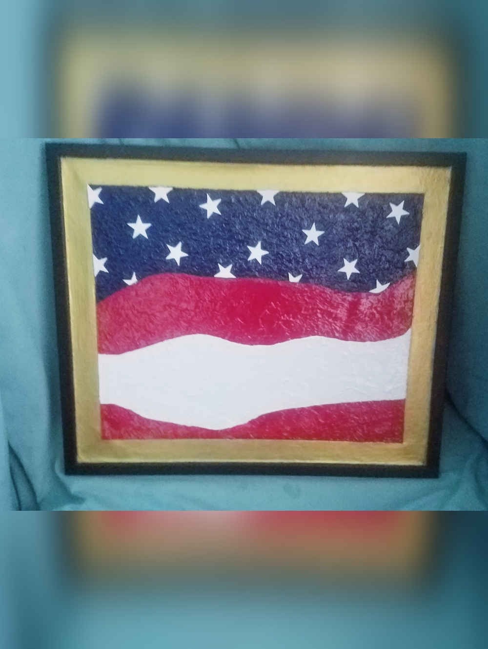Original 3D American Flag Themed Mixed Media Pop Art  Framed Painting 22 × 18.75